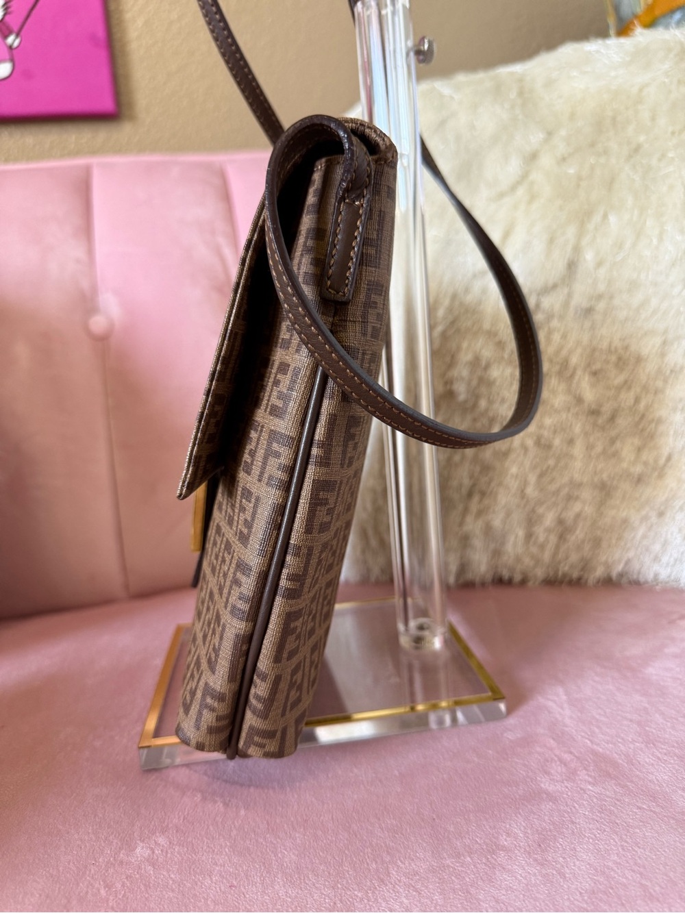💯AUTH FENDI Brown Zucchino Spalmati Crossbody Bag with Gold-Tone FF Buckle - Picture 3 of 16